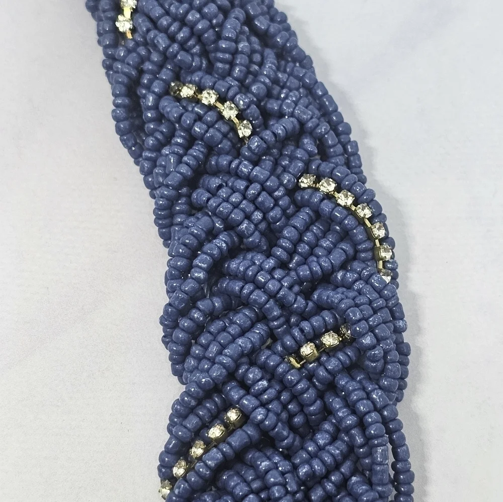 👍5 For $20 Thick Braided Multi-Strand Blue Seed Bead Necklace w/Rhinestones